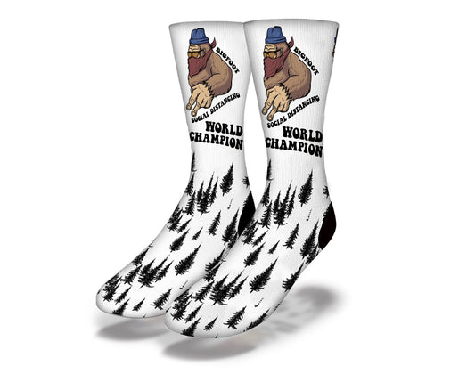 BIGFOOT SOCIAL DISTANCING CHAMPION Funny Quarantine Socks (White)