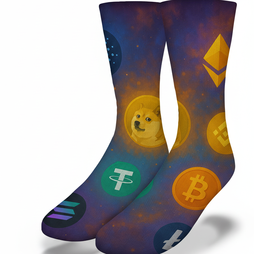 Colorful socks with cryptocurrency symbols and a doge meme design on a white background
