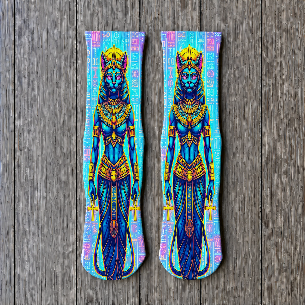 Egyptian Bastet Neon Hieroglyph Guardian Socks