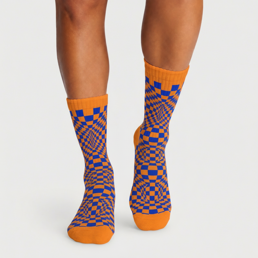 Illusion Checkerboard Orange and Blue socks