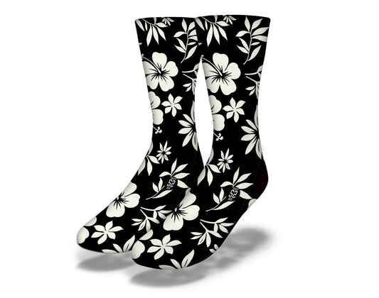 HAWAIIAN HIBISCUS FLOWERS IN BLACK Fun Beach Life Socks