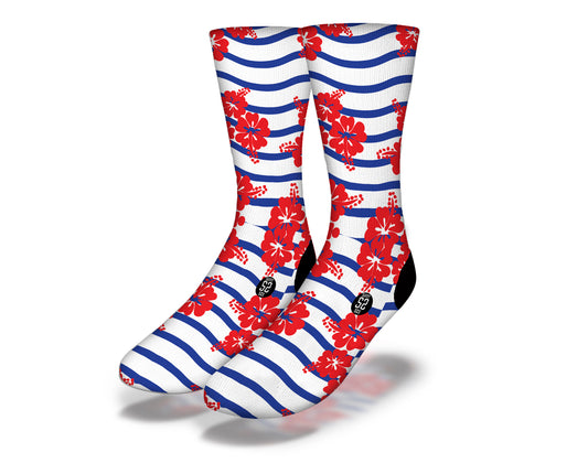 HAWAIIAN HIBISCUS STRIPED WAVES Fun Flower Socks