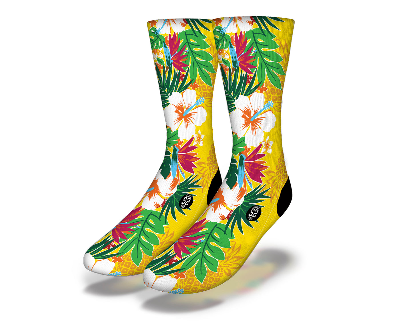 GOLDEN TROPIC HAWAIIAN FLORALS & PALMS Fun Flower Socks