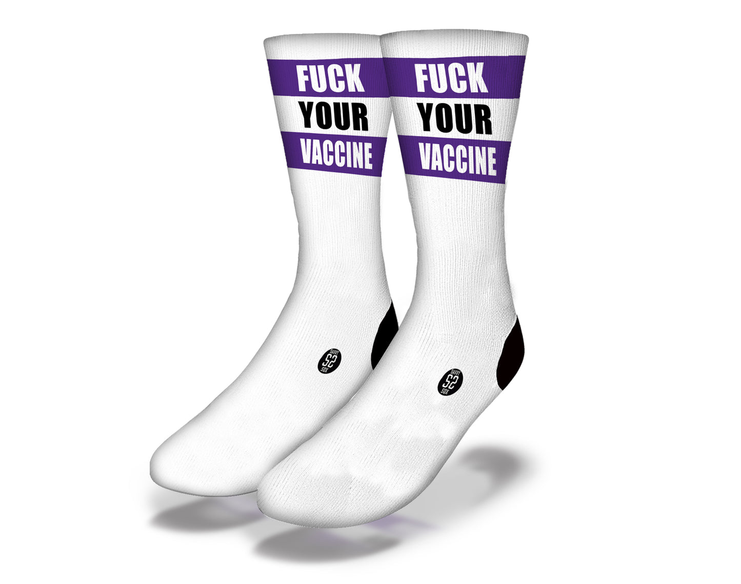 F**K YOUR VACCINE *EXPLICIT* Funny Coronavirus Novelty Socks (Purple Stripe)
