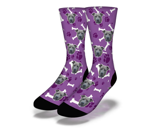 PUPPY DOG EYES, PAW PRINTS & DOGGIE BONES Cute Dog Socks (Purple)