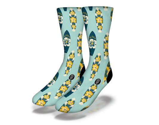 ALOHA RETRO HIBISCUS SURFBOARDS Fun Surfing Socks (Aqua Solid)