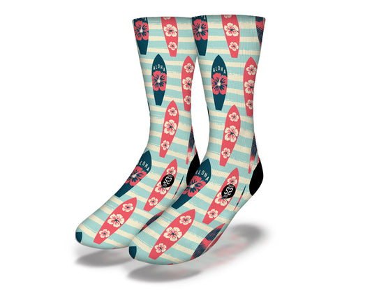 ALOHA RETRO HIBISCUS SURFBOARDS Fun Surfing Socks (Aqua Stripes)