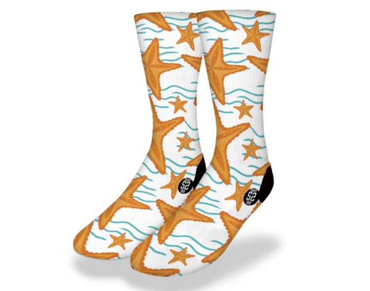 Cute ORANGE STARFISH AQUA WAVES Fun Sea Life Socks