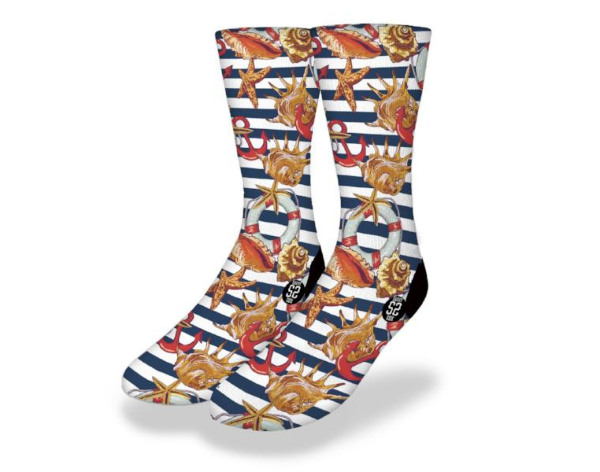 Navigation Sock CLASSIC NAUTICAL STRIPES WITH SHELLS & ANCHORS Fun Sea Life Socks ...