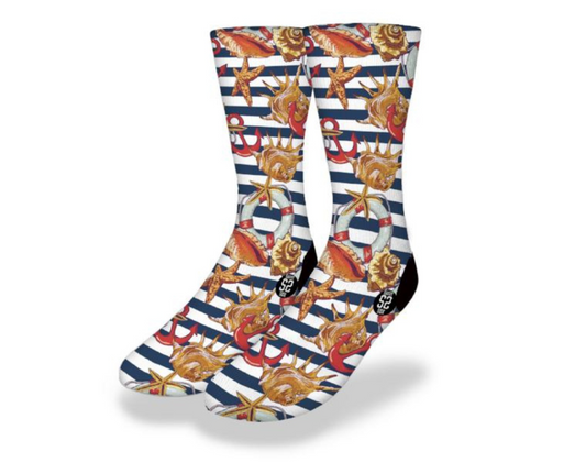 CLASSIC NAUTICAL STRIPES WITH SHELLS & ANCHORS Fun Sea Life Socks